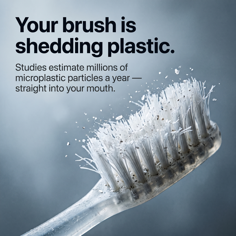 A worn nylon toothbrush head shedding microplastic particles